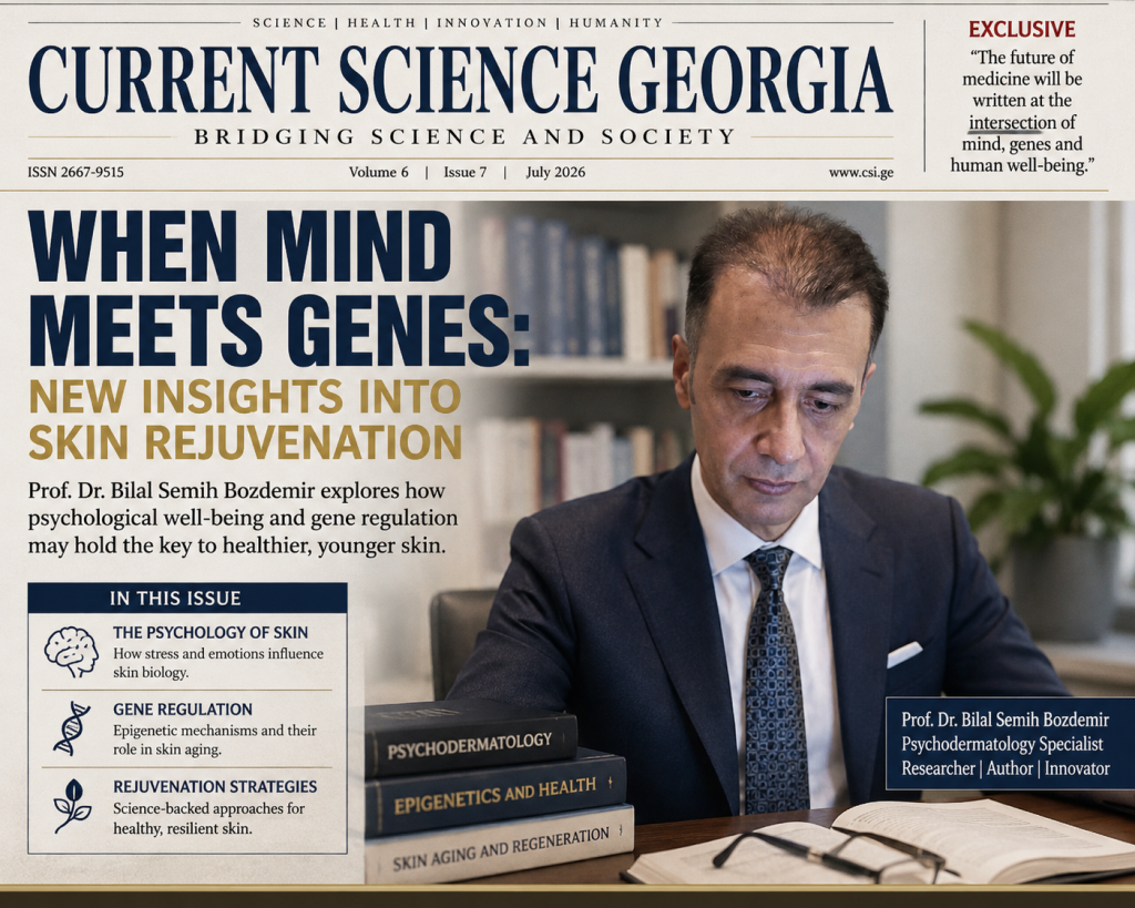 Alt Text:
Prof. Dr. Bilal Semih Bozdemir on the cover of Current Science Georgia discussing psychodermatology, gene regulation, epigenetic mechanisms and their potential relationship with skin rejuvenation and healthy aging.